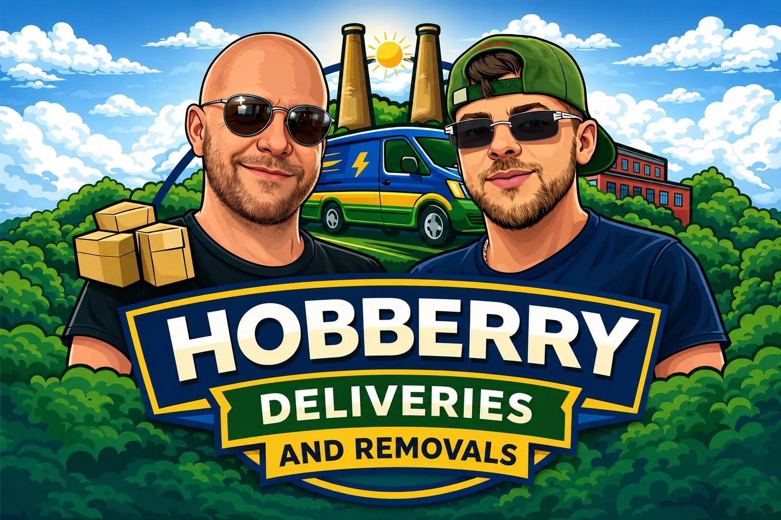Hobberry Deliveries illustrated brand artwork with delivery van and team